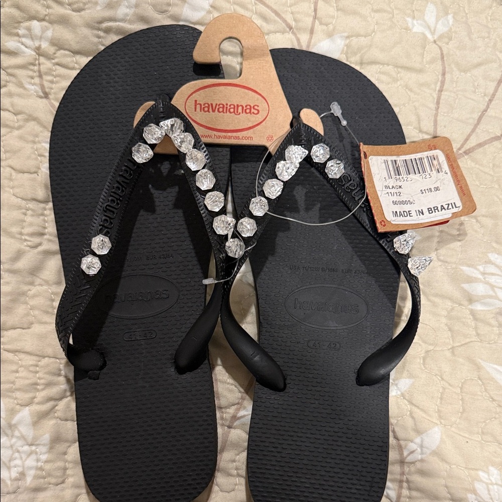 Havaianas Black Flip Flops with Clear Swarovski Accents